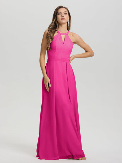 A-Line Hater Key Hole Sleeveless Floor Length Chiffon Bridesmaid Dress