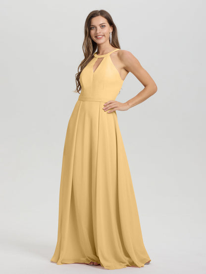 A-Line Hater Key Hole Sleeveless Floor Length Chiffon Bridesmaid Dress