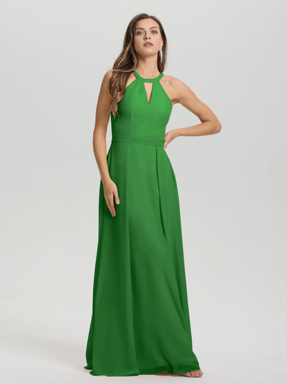 A-Line Hater Key Hole Sleeveless Floor Length Chiffon Bridesmaid Dress