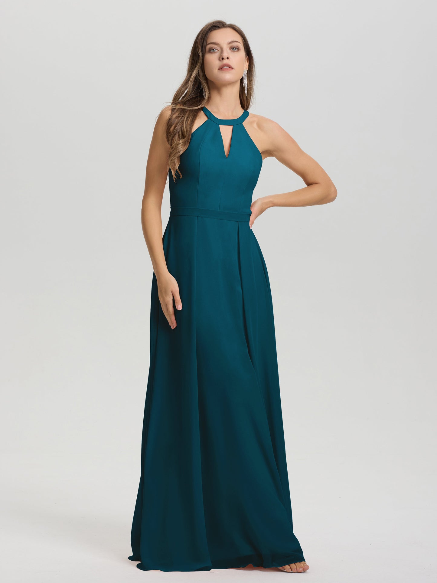 A-Line Hater Key Hole Sleeveless Floor Length Chiffon Bridesmaid Dress