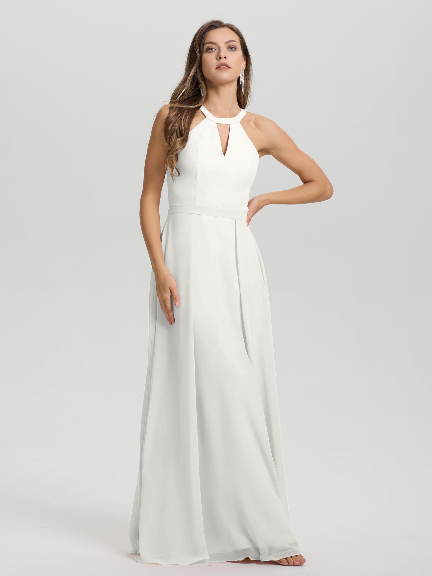 A-Line Hater Key Hole Sleeveless Floor Length Chiffon Bridesmaid Dress