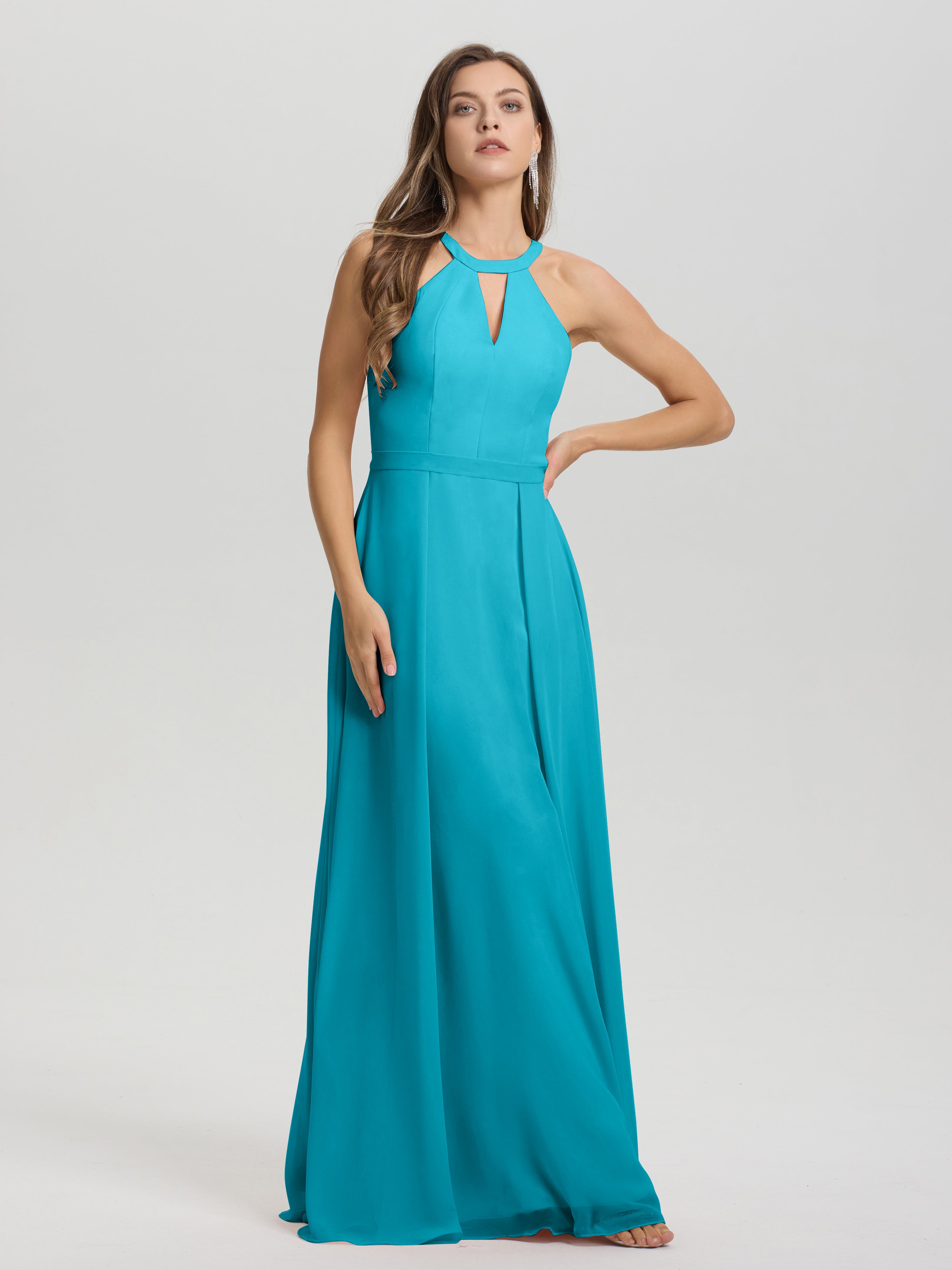 A-Line Hater Key Hole Sleeveless Floor Length Chiffon Bridesmaid Dress