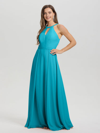 A-Line Hater Key Hole Sleeveless Floor Length Chiffon Bridesmaid Dress