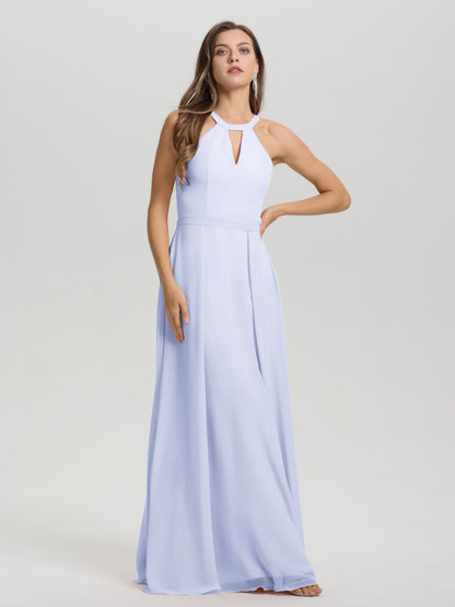 A-Line Hater Key Hole Sleeveless Floor Length Chiffon Bridesmaid Dress