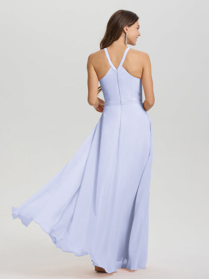 A-Line Hater Key Hole Sleeveless Floor Length Chiffon Bridesmaid Dress