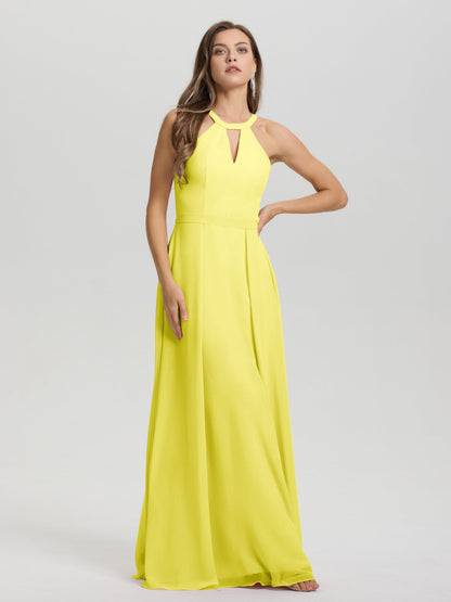 A-Line Hater Key Hole Sleeveless Floor Length Chiffon Bridesmaid Dress