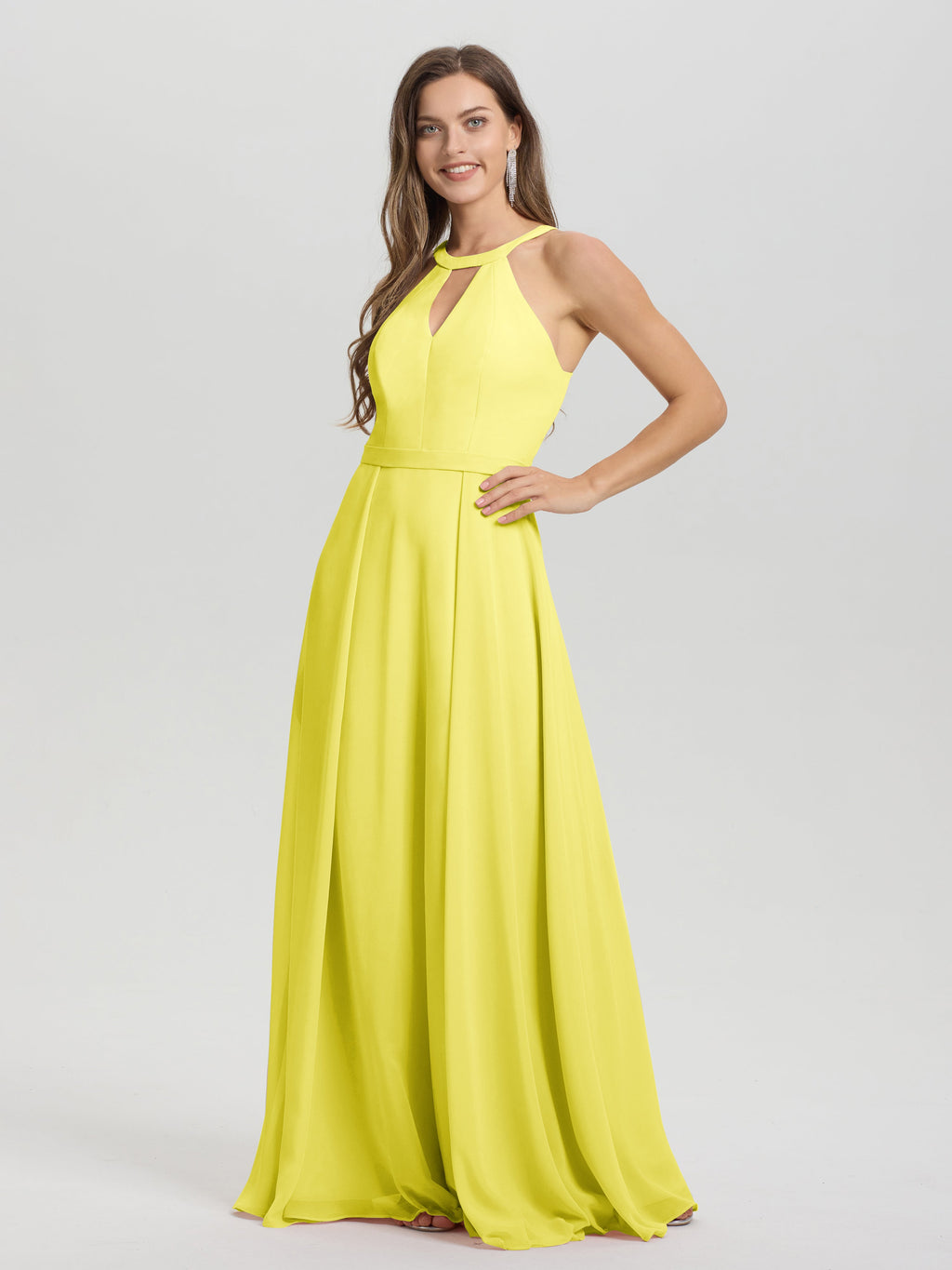 A-Line Hater Key Hole Sleeveless Floor Length Chiffon Bridesmaid Dress