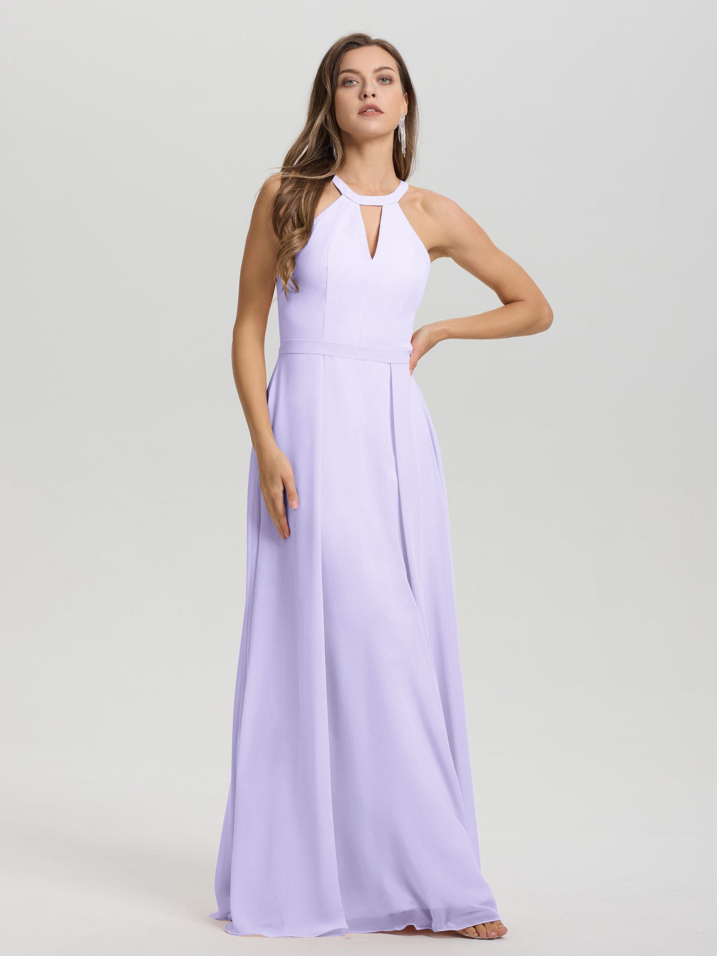 A-Line Hater Key Hole Sleeveless Floor Length Chiffon Bridesmaid Dress