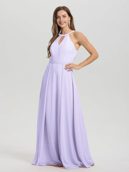 A-Line Hater Key Hole Sleeveless Floor Length Chiffon Bridesmaid Dress