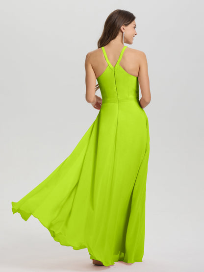 A-Line Hater Key Hole Sleeveless Floor Length Chiffon Bridesmaid Dress