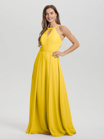 A-Line Hater Key Hole Sleeveless Floor Length Chiffon Bridesmaid Dress