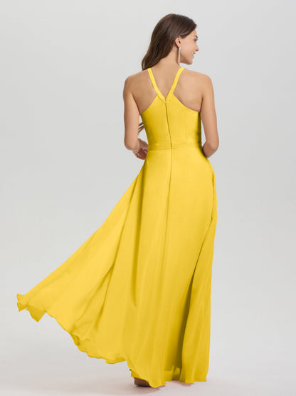 A-Line Hater Key Hole Sleeveless Floor Length Chiffon Bridesmaid Dress