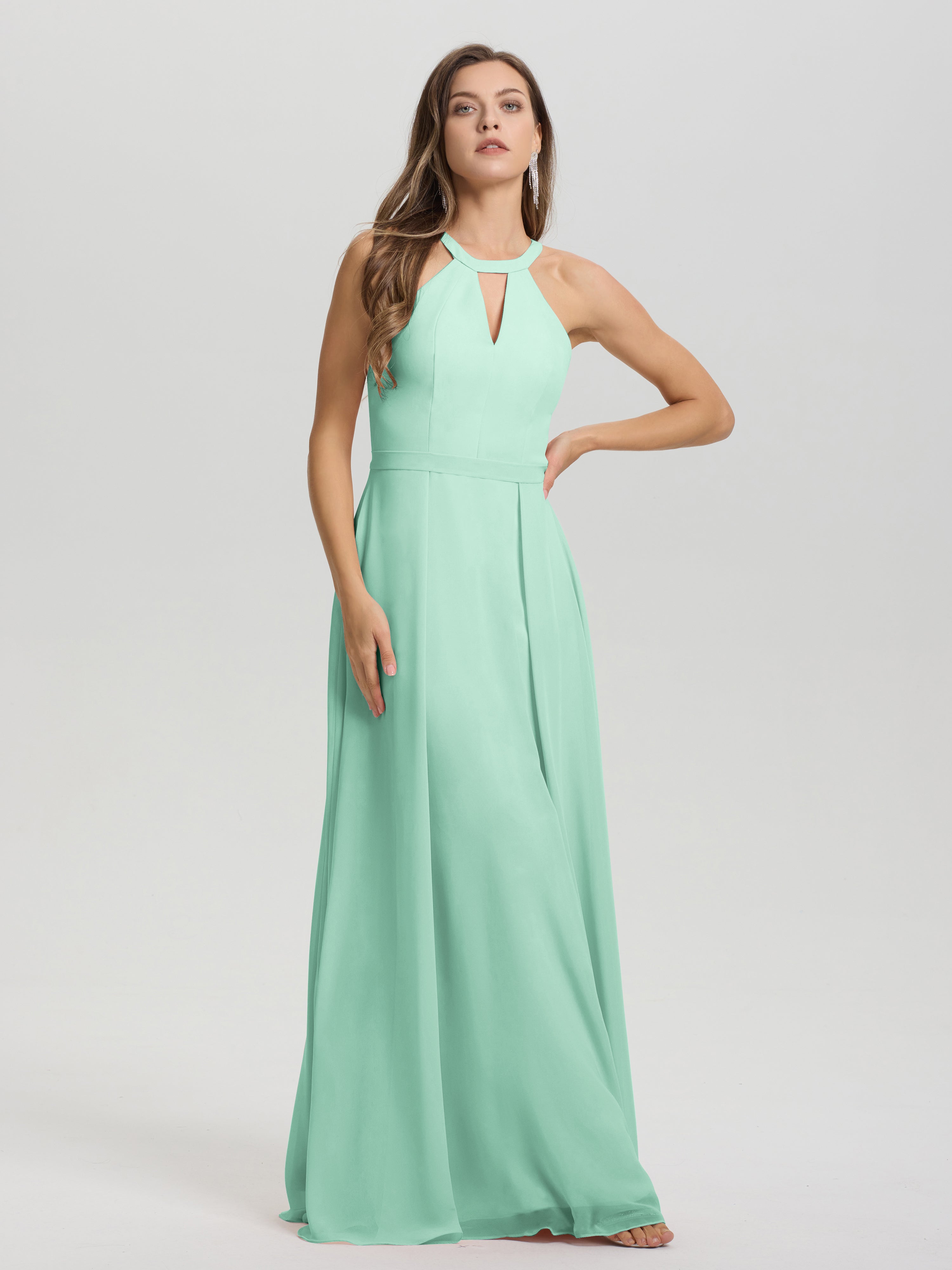 A-Line Hater Key Hole Sleeveless Floor Length Chiffon Bridesmaid Dress