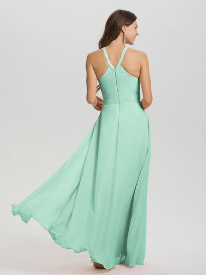 A-Line Hater Key Hole Sleeveless Floor Length Chiffon Bridesmaid Dress