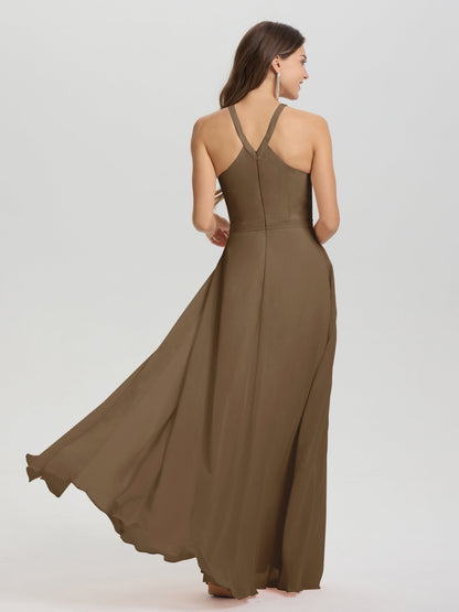 A-Line Hater Key Hole Sleeveless Floor Length Chiffon Bridesmaid Dress