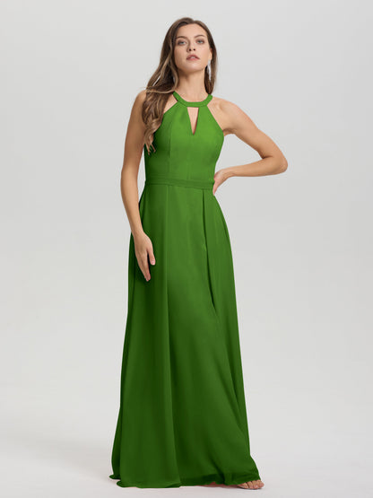 A-Line Hater Key Hole Sleeveless Floor Length Chiffon Bridesmaid Dress
