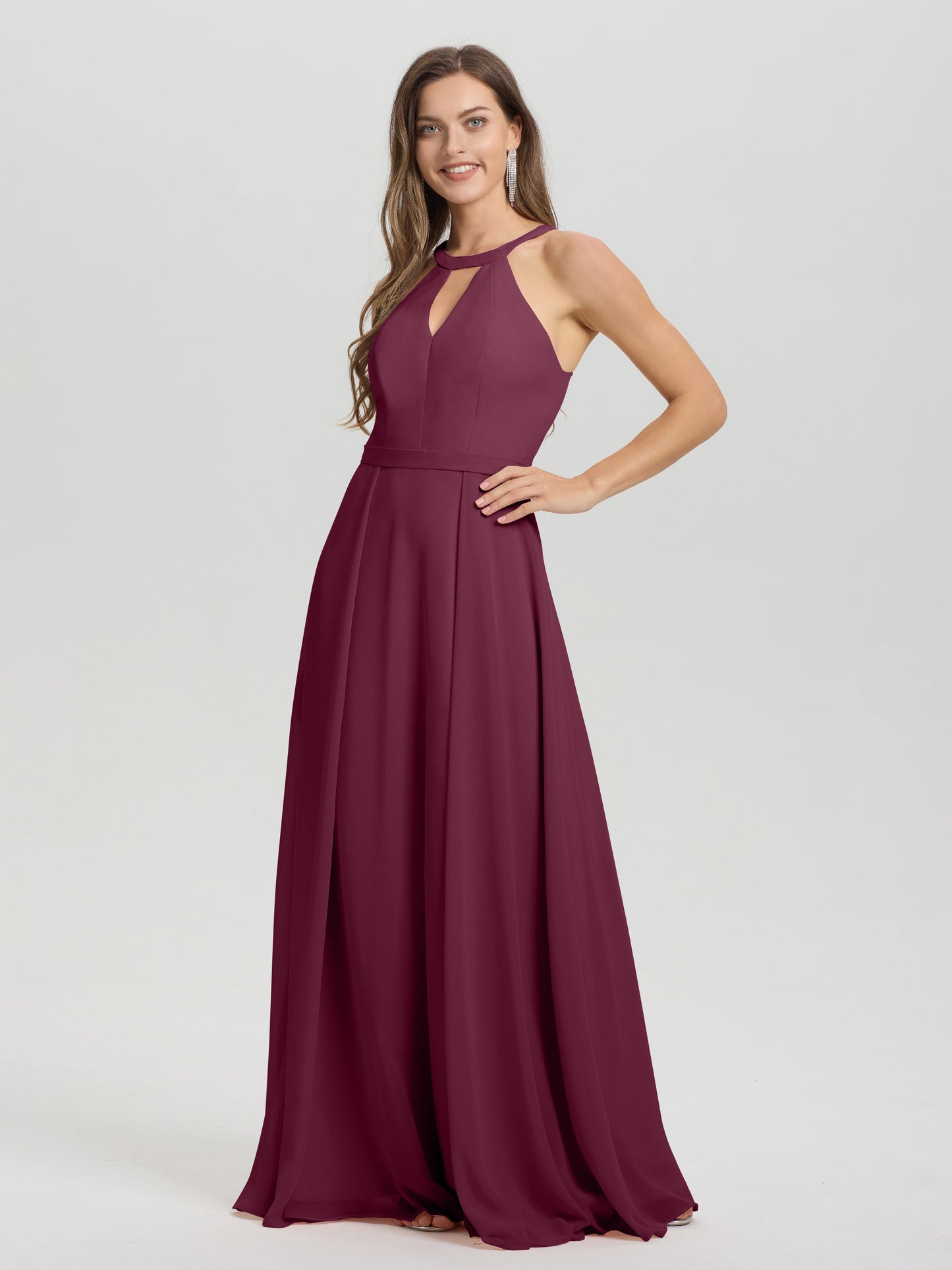 A-Line Hater Key Hole Sleeveless Floor Length Chiffon Bridesmaid Dress