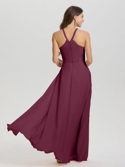 A-Line Hater Key Hole Sleeveless Floor Length Chiffon Bridesmaid Dress