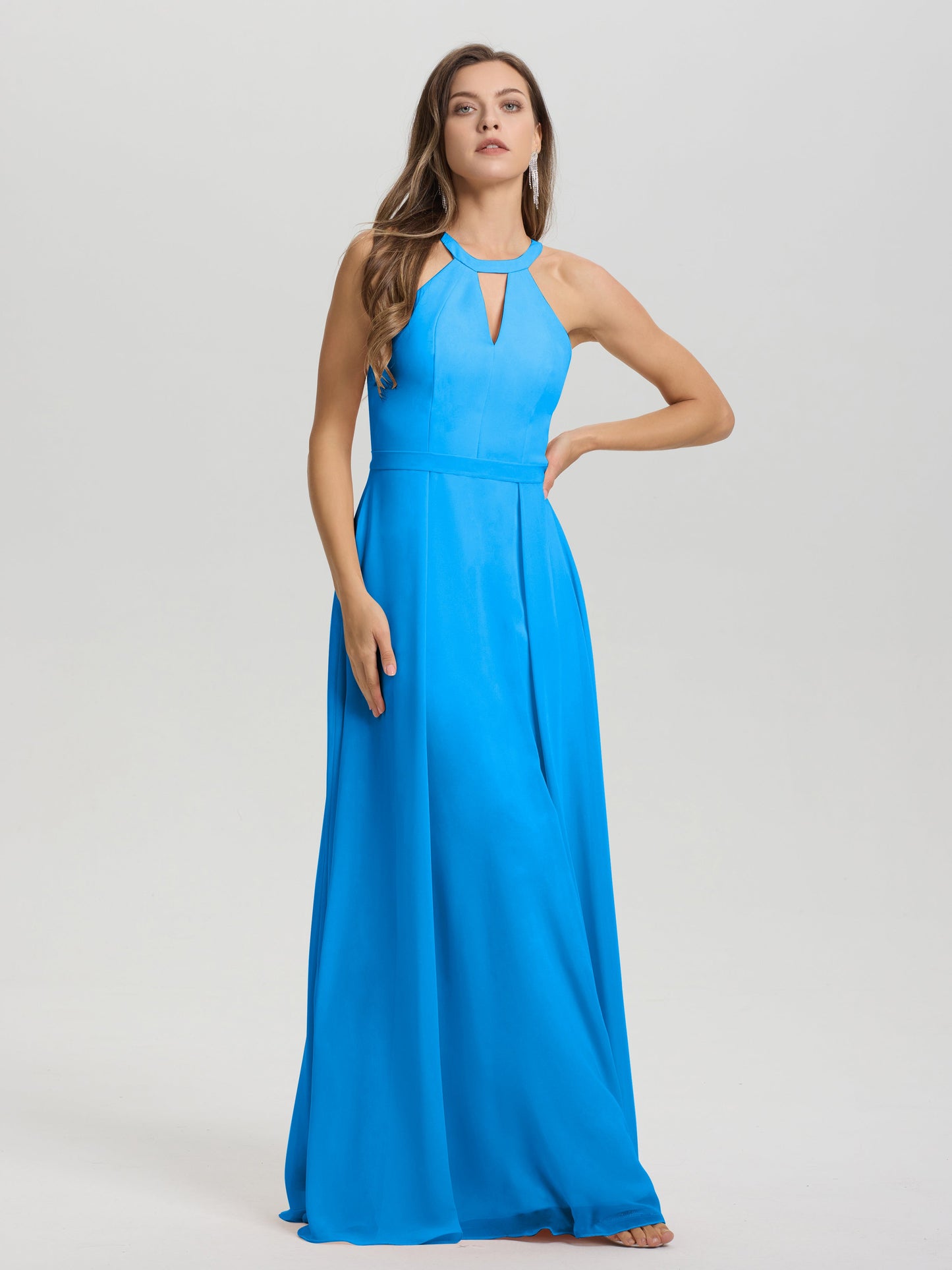 A-Line Hater Key Hole Sleeveless Floor Length Chiffon Bridesmaid Dress