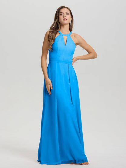 A-Line Hater Key Hole Sleeveless Floor Length Chiffon Bridesmaid Dress
