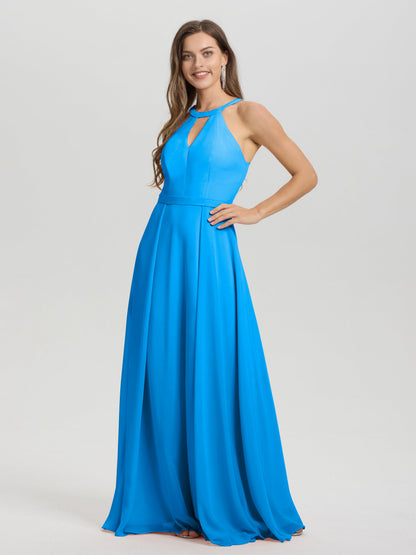 A-Line Hater Key Hole Sleeveless Floor Length Chiffon Bridesmaid Dress