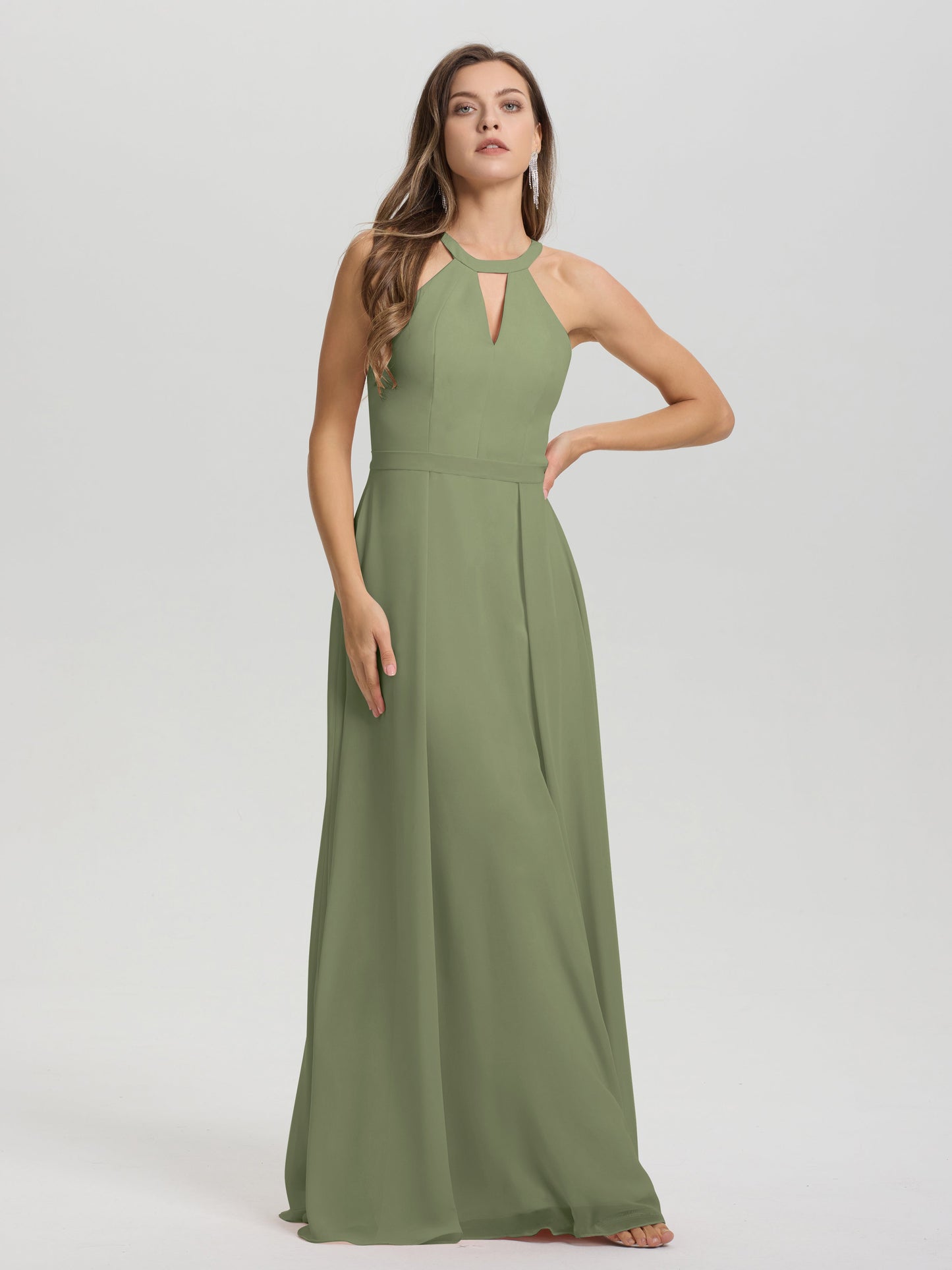 A-Line Hater Key Hole Sleeveless Floor Length Chiffon Bridesmaid Dress