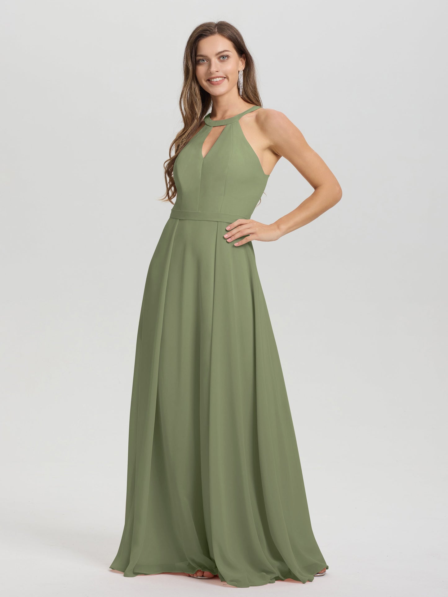 A-Line Hater Key Hole Sleeveless Floor Length Chiffon Bridesmaid Dress