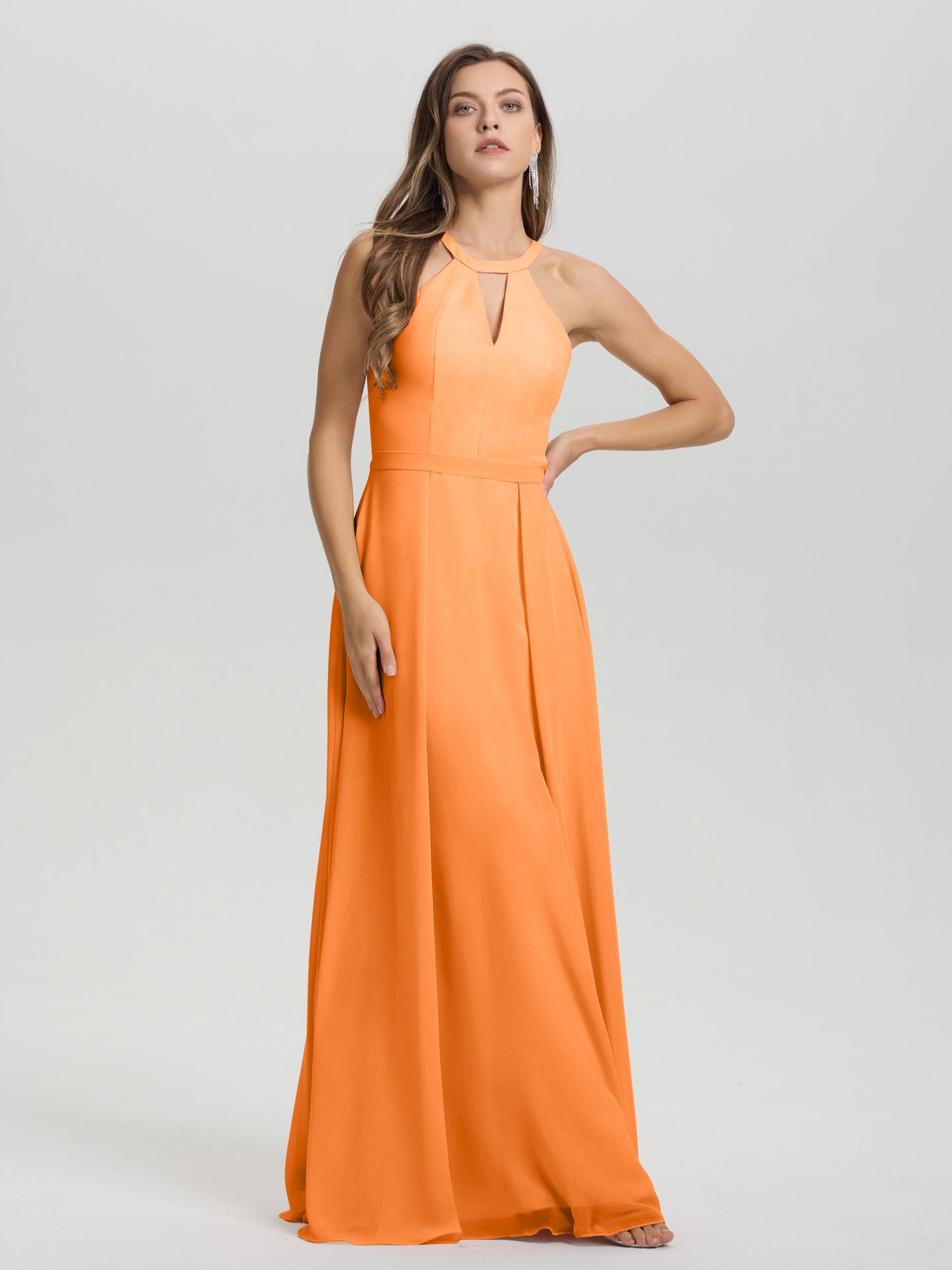A-Line Hater Key Hole Sleeveless Floor Length Chiffon Bridesmaid Dress