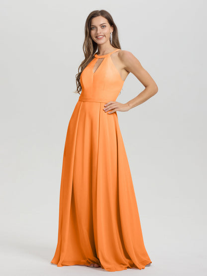 A-Line Hater Key Hole Sleeveless Floor Length Chiffon Bridesmaid Dress