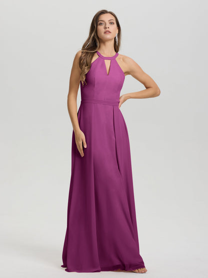 A-Line Hater Key Hole Sleeveless Floor Length Chiffon Bridesmaid Dress