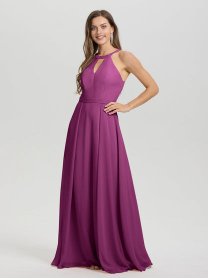 A-Line Hater Key Hole Sleeveless Floor Length Chiffon Bridesmaid Dress