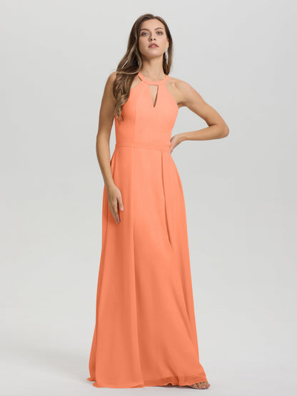 A-Line Hater Key Hole Sleeveless Floor Length Chiffon Bridesmaid Dress