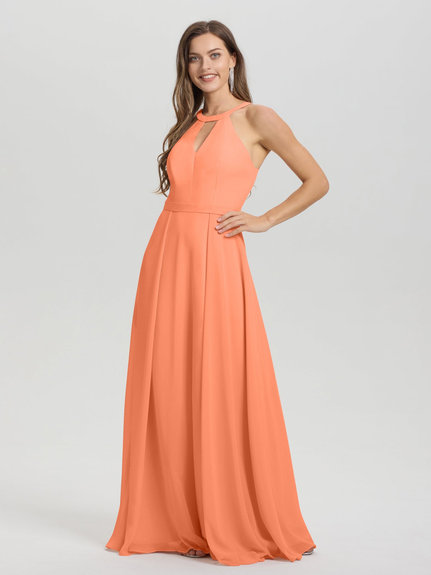 A-Line Hater Key Hole Sleeveless Floor Length Chiffon Bridesmaid Dress