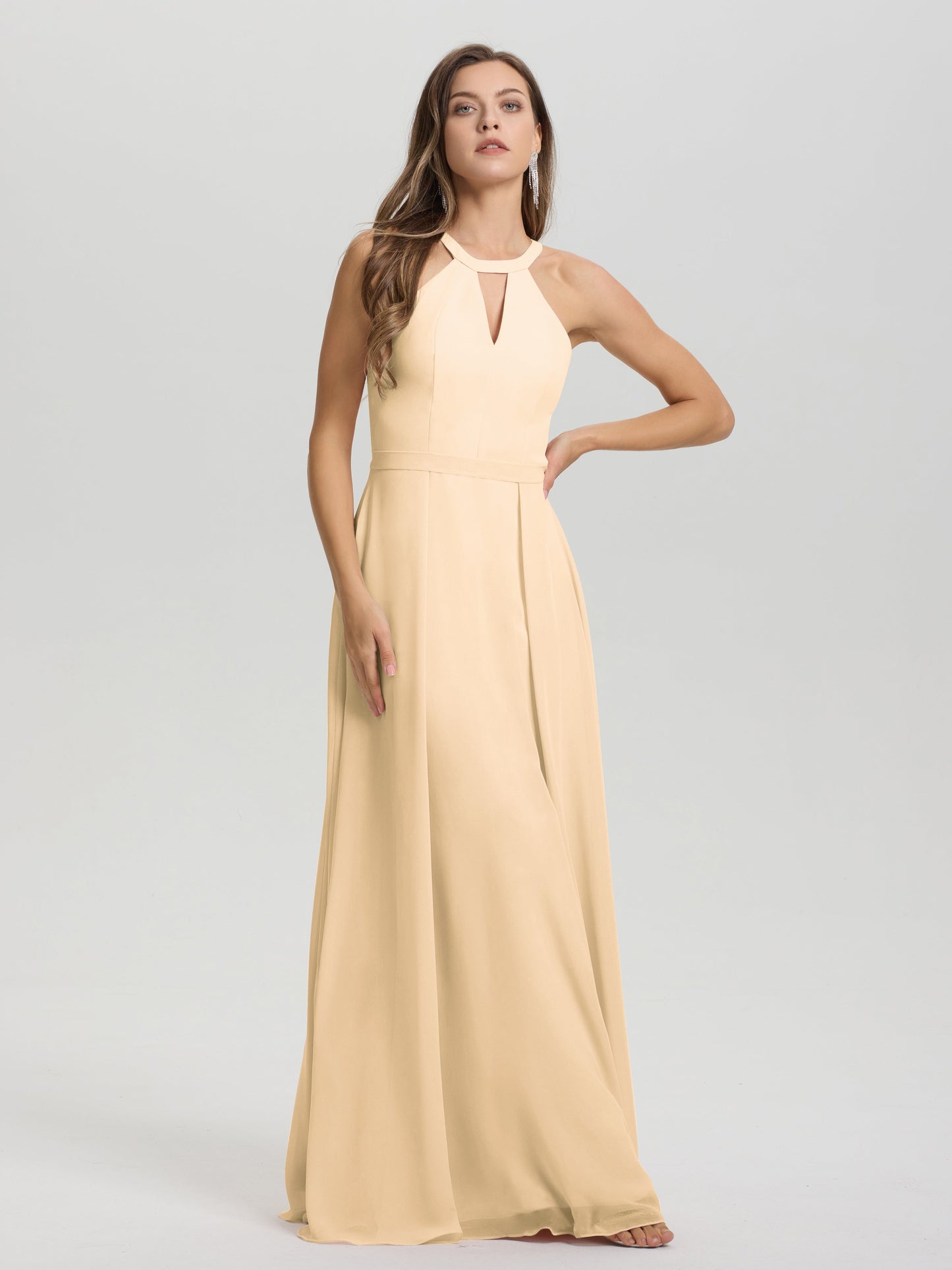 A-Line Hater Key Hole Sleeveless Floor Length Chiffon Bridesmaid Dress