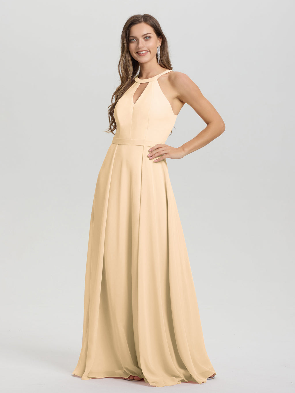 A-Line Hater Key Hole Sleeveless Floor Length Chiffon Bridesmaid Dress