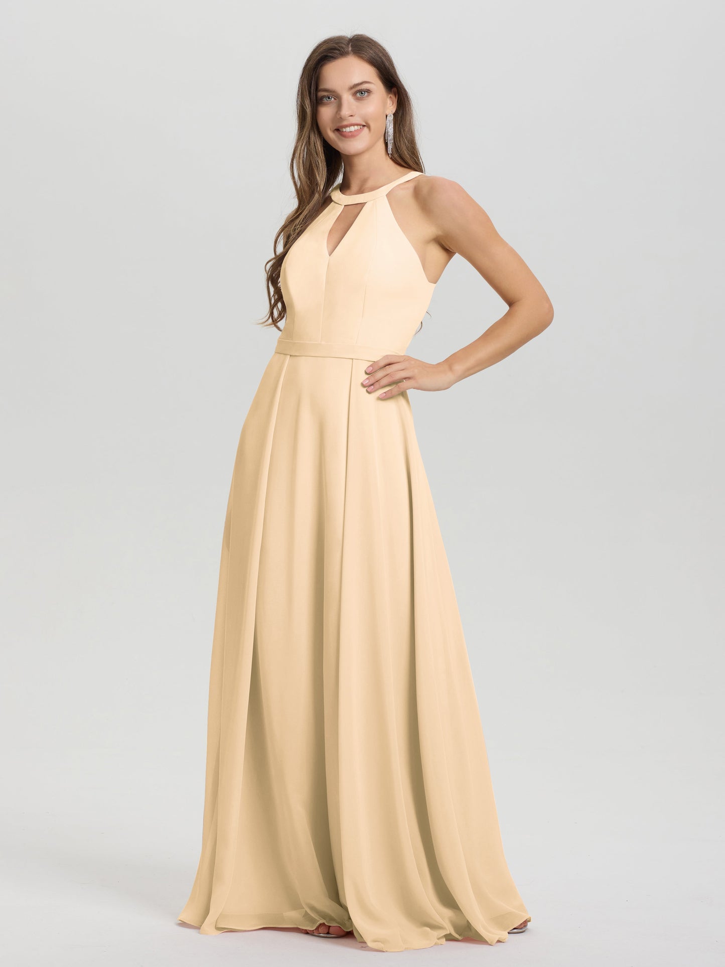 A-Line Hater Key Hole Sleeveless Floor Length Chiffon Bridesmaid Dress