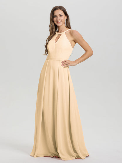 A-Line Hater Key Hole Sleeveless Floor Length Chiffon Bridesmaid Dress