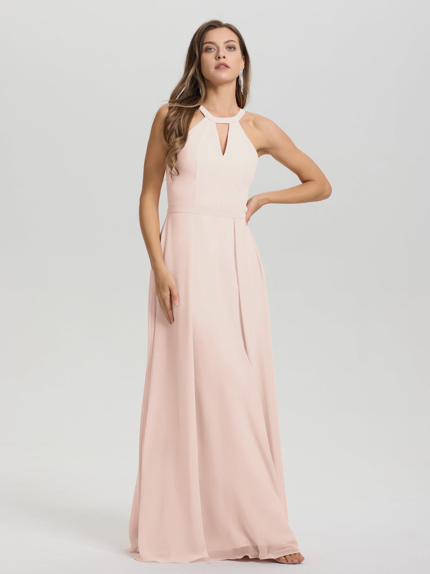 A-Line Hater Key Hole Sleeveless Floor Length Chiffon Bridesmaid Dress