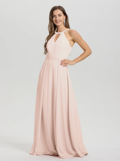 A-Line Hater Key Hole Sleeveless Floor Length Chiffon Bridesmaid Dress