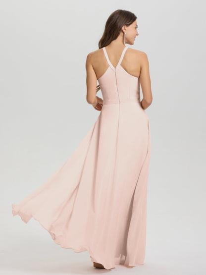 A-Line Hater Key Hole Sleeveless Floor Length Chiffon Bridesmaid Dress