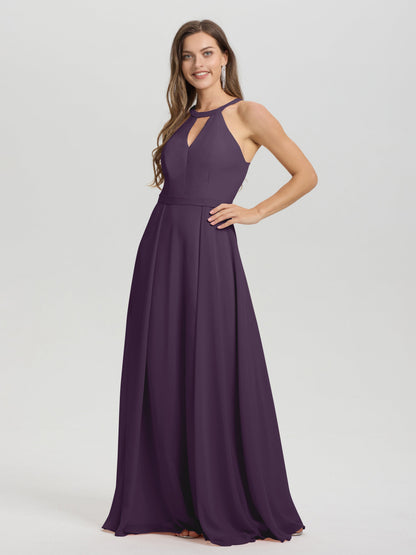 A-Line Hater Key Hole Sleeveless Floor Length Chiffon Bridesmaid Dress