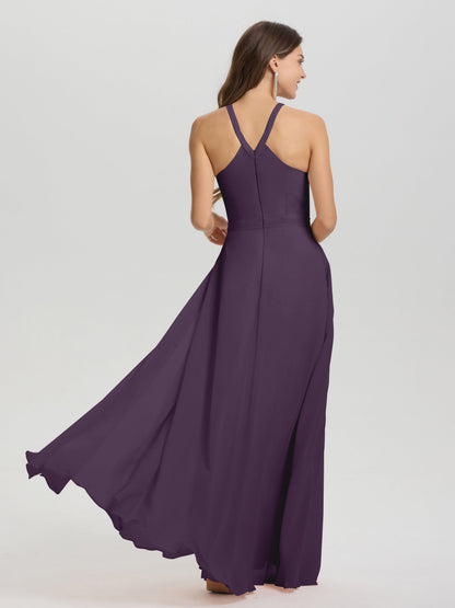 A-Line Hater Key Hole Sleeveless Floor Length Chiffon Bridesmaid Dress