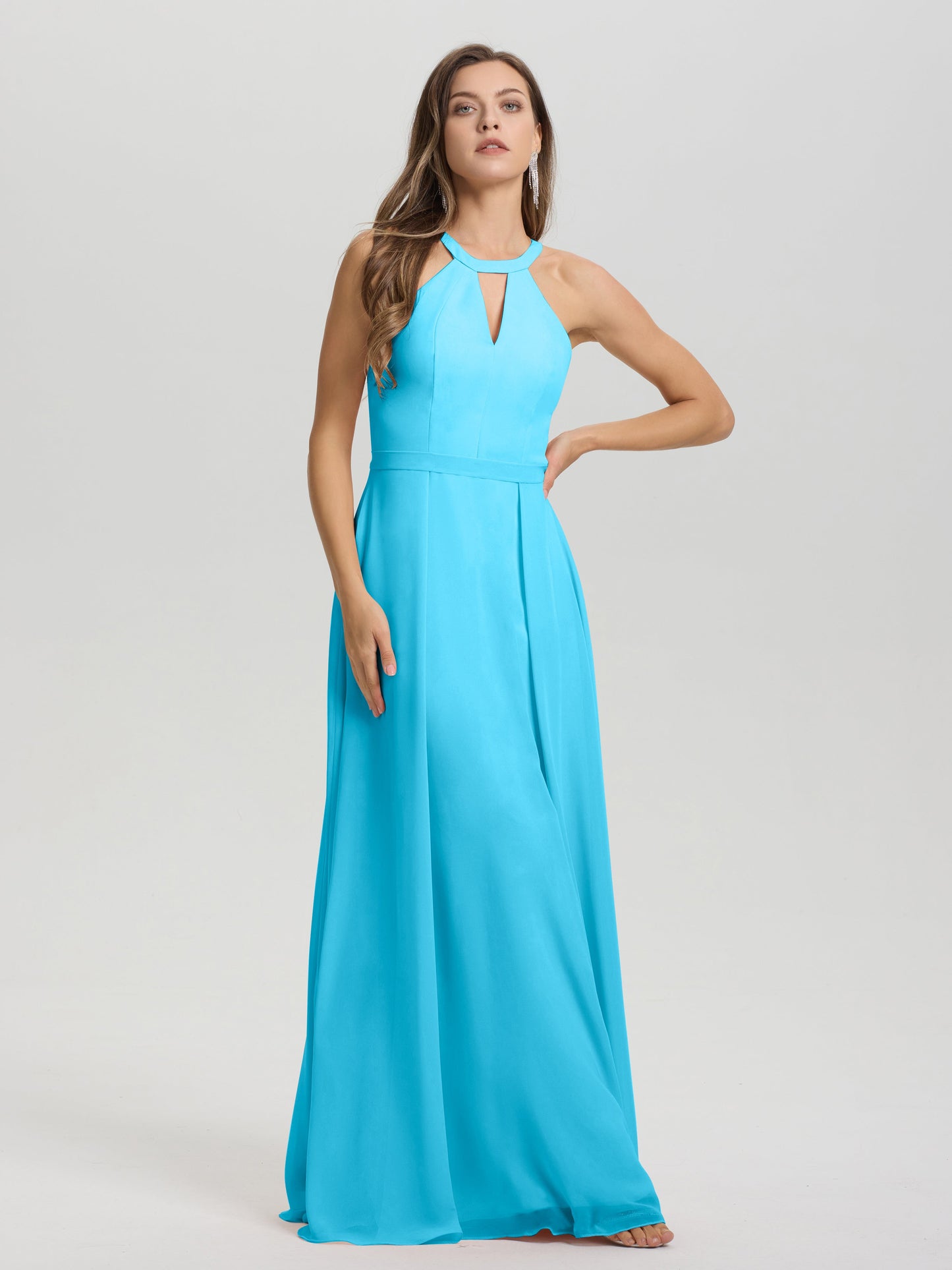 A-Line Hater Key Hole Sleeveless Floor Length Chiffon Bridesmaid Dress