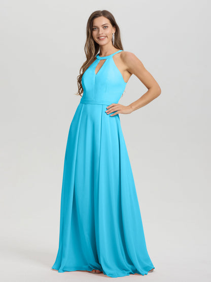 A-Line Hater Key Hole Sleeveless Floor Length Chiffon Bridesmaid Dress