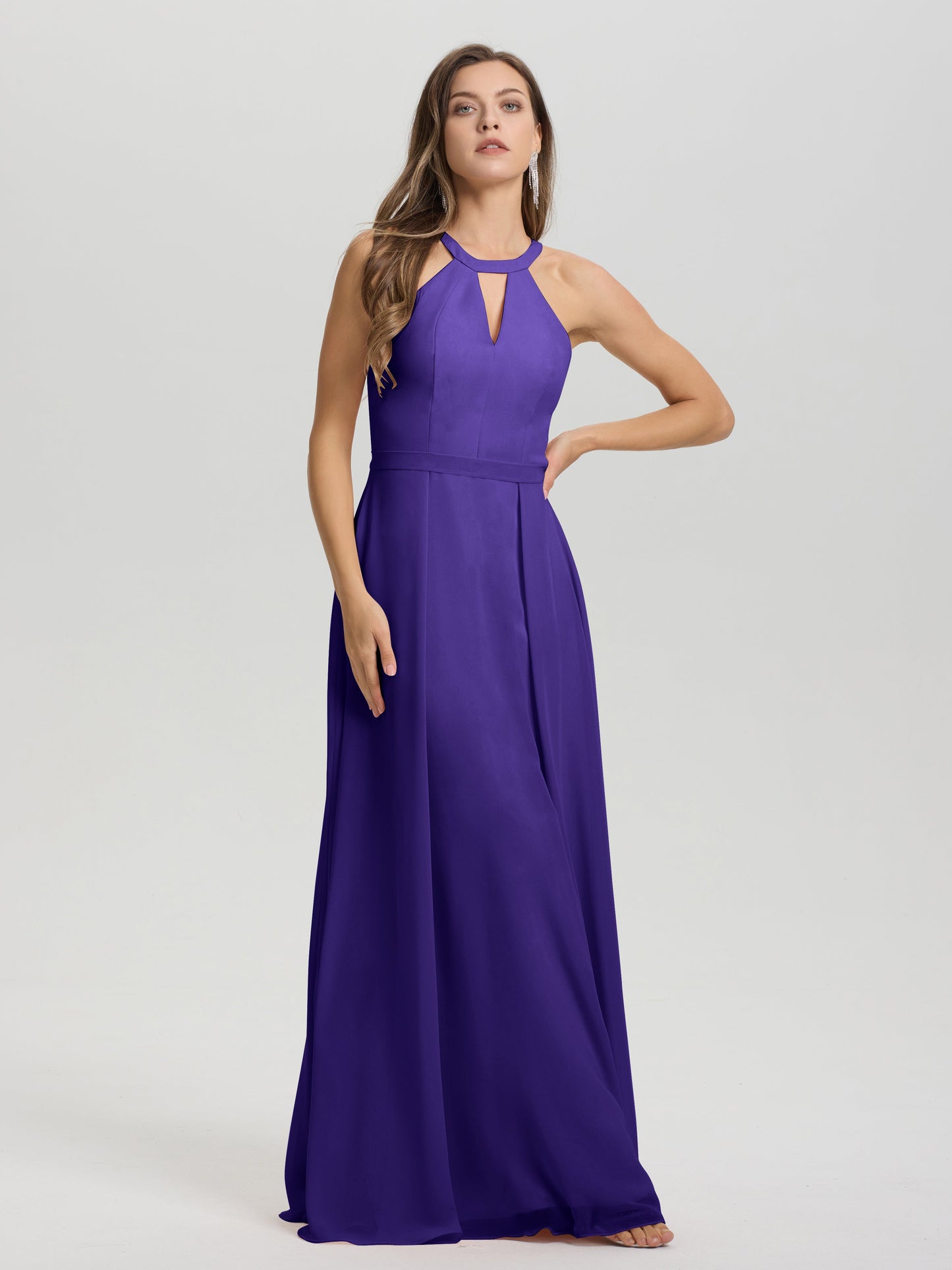 A-Line Hater Key Hole Sleeveless Floor Length Chiffon Bridesmaid Dress