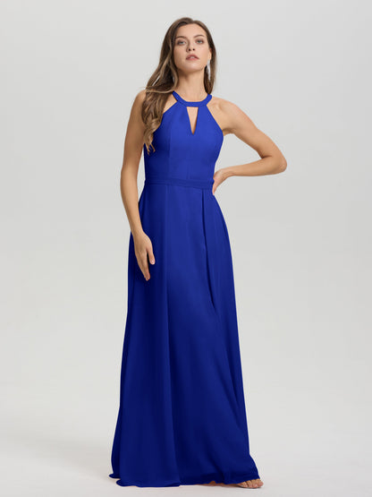 A-Line Hater Key Hole Sleeveless Floor Length Chiffon Bridesmaid Dress