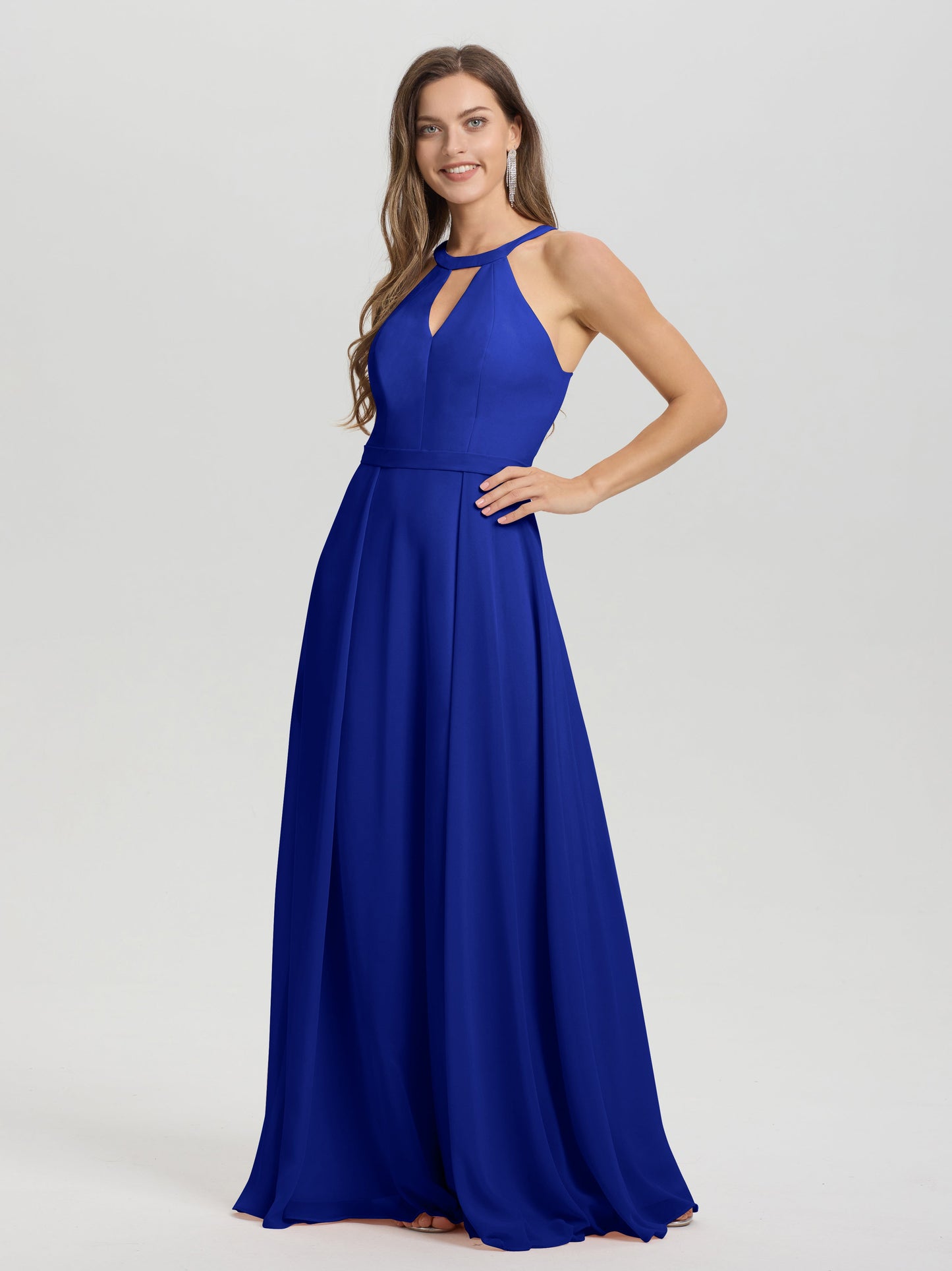 A-Line Hater Key Hole Sleeveless Floor Length Chiffon Bridesmaid Dress