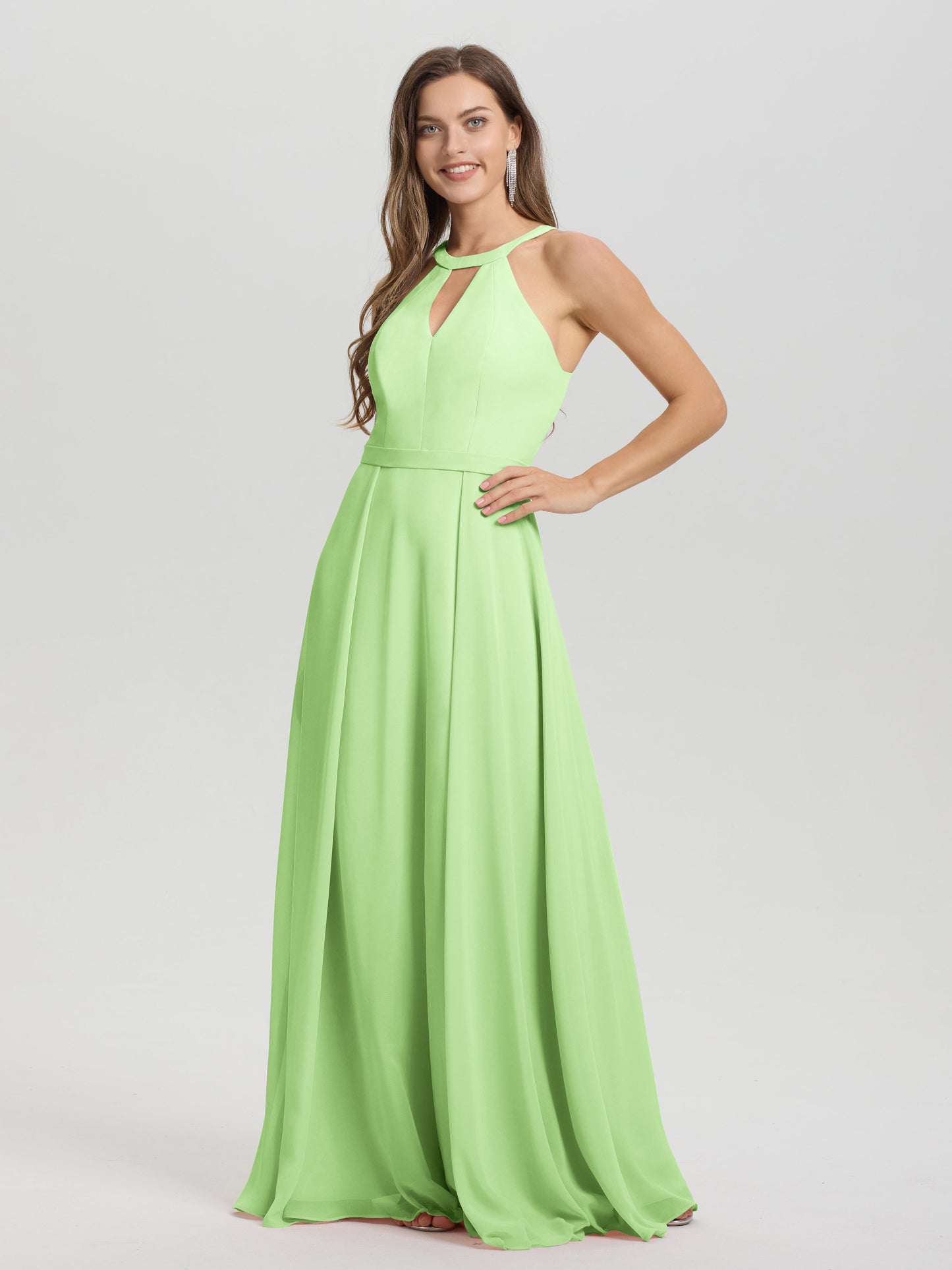 A-Line Hater Key Hole Sleeveless Floor Length Chiffon Bridesmaid Dress