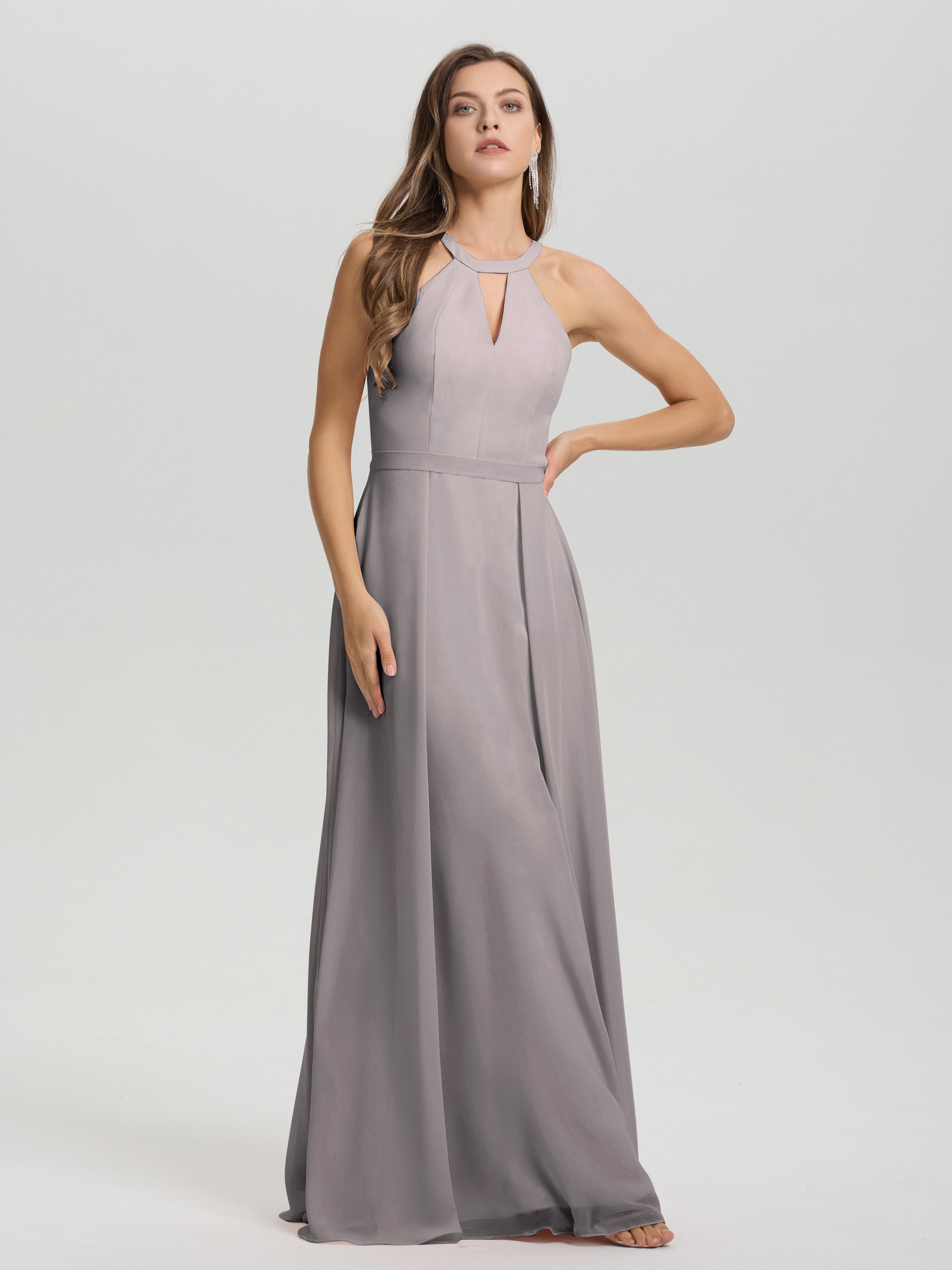 A-Line Hater Key Hole Sleeveless Floor Length Chiffon Bridesmaid Dress