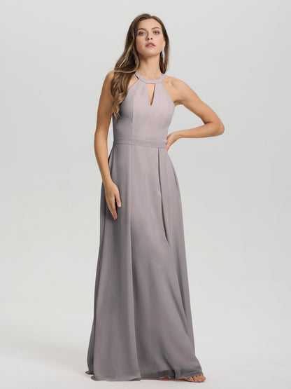 A-Line Hater Key Hole Sleeveless Floor Length Chiffon Bridesmaid Dress
